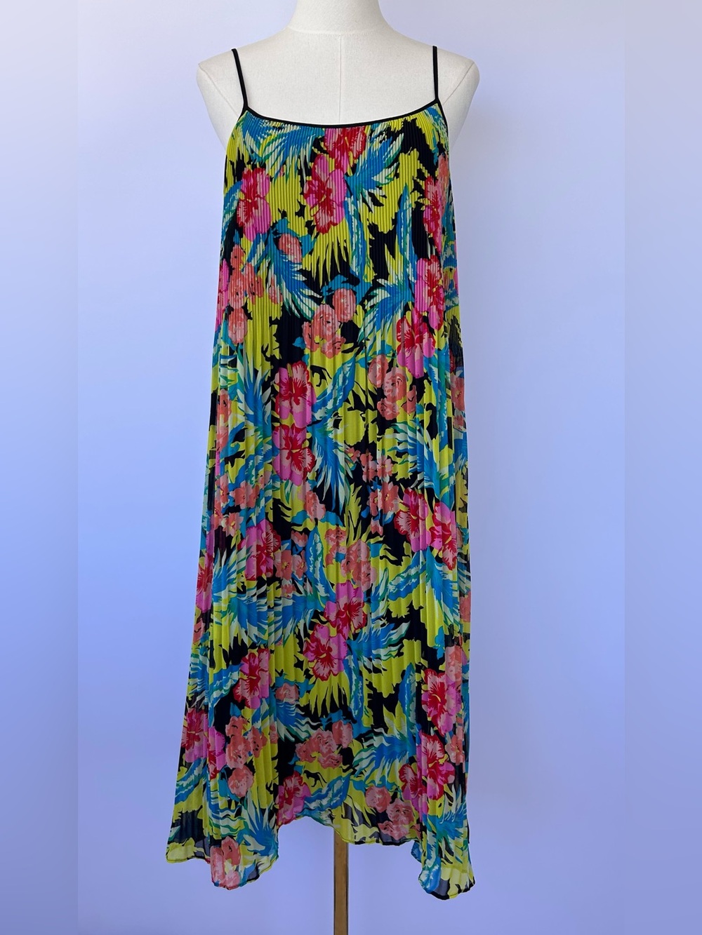 LOFT Women’s Accordion Pleat Tropical Floral Print Spaghetti Strap Dress Size M‎